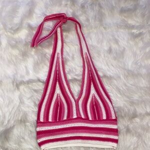 Pink Knitted Cropped Halter Top